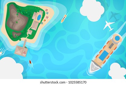 Top down aerial view of cruise ship docking near the private island with hotel among the peaceful ocean with small private ship in the middle of summer holiday vacation time with copy space for text 