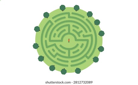 Top down aerial view of a person standing at the center of a circular hedge maze surrounded by green trees in a park.