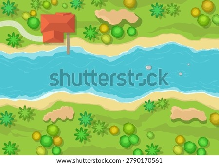 Top Down Aerial View of a River Landscape with Trees, House, and Wooden Pier Flat Vector Illustration
