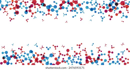 Top and down borders with molecules, data or other tech structure elements. Pharmacy, biotechnology or chemistry design concept. Vector decoration element in red and blue colors