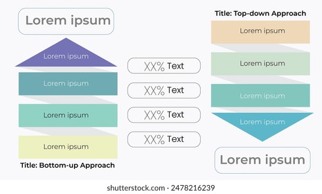 Top Down und Bottom Up sind beide Strategien der Informationsverarbeitung und Wissensordnung, die in allen Bereichen verwendet werden. Infografik Vorlage PowerPoint-Vorlage Bottom-up und Top-down Anfluglayout-Folie 