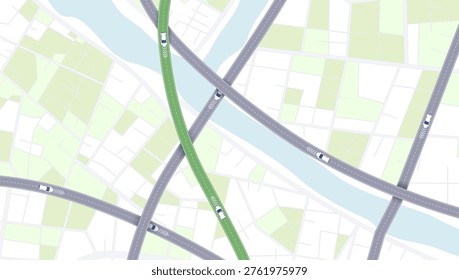 Top down city map showing intersecting highways and green highlighted route.