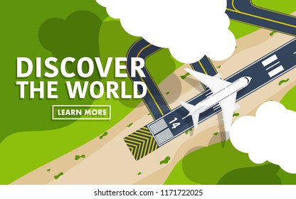 Top down flat view from the sky of the airport runway with plane(airplane) is taking off on the runway with cloud in the sky and copy space for text"Discover The World"