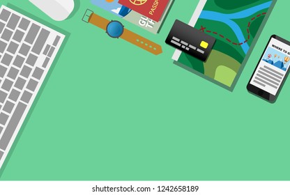 Top down flat view of table  with laptop, mobilephone, credit card,tablet,watch, pencil,rubble and copy space for text