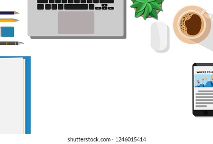Top down flat view of table  with laptop, mobilephone, and copy space for text
