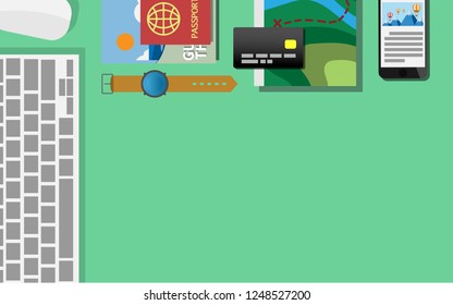 Top down flat view of table  with laptop, mobilephone, credit card,tablet,watch, pencil,rubble and copy space for text