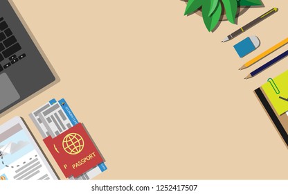 Top down flat view of table  with laptop, mobilephone, credit card,tablet,watch, pencil,rubble and copy space for text