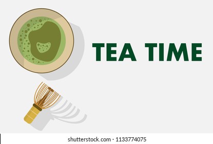 Top down flat view of Tea blow with tea whisk and text "Tea Time" in copy space with light metal color background
