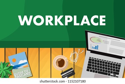 Top down flat view of wooden terrace with laptop com,credit card,coffee,travel book and background of summer green grass field and text "Workplace" for wallpaper,background,backdrop