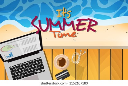 Top down flat view of wooden terrace with computer laptop,credit card,coffee and background of summer tropical beach with sea wave and text "the summer time" for wallpaper,background,backdrop