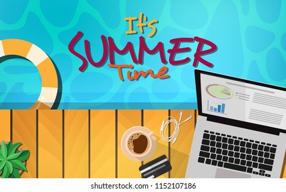 Top down flat view of wooden terrace with computer laptop,credit card,coffee and background of summer tropical sea surface and text "the summer time" for wallpaper,background,backdrop