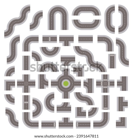 Top Down Grey Road Building Kit isolated on a White Background