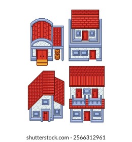 Top down house pixel art illustration for rpg game set collection