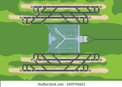 Top down landscape view of the big airport with 4 runways and 2 airport terminal in flat style view design