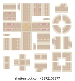 Top Down Light Brown Main Street and Road Building Kit isolated on a White Background