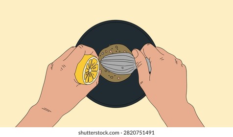 Top down perspective of hands squeezing fresh lemon juice over a black bowl with metal manual squeezer.