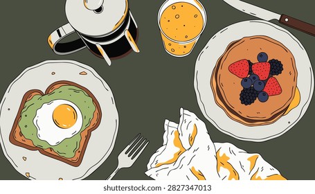 A top down vector illustration of a cozy breakfast table with avocado egg toast pancakes berries and press coffee.
