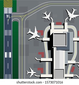 Top down view of the airport landscape, airport terminal from top view with many airplanes  in the airport. Airport with runway,parking area (apron) and passenger terminal