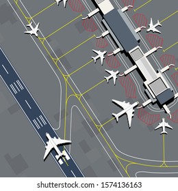 Top down view of the airport landscape, airport terminal from top view with many airplanes  in the airport. Airport with runway,parking area (apron) and passenger terminal