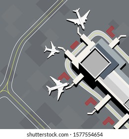 Top down view of the airport landscape, airport terminal from top view with many airplanes  in the airport. Airport with runway,parking area (apron) and passenger terminal