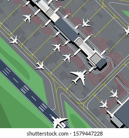 Top down view of the airport landscape, airport terminal from top view with many airplanes  in the airport. Airport with runway,parking area (apron) and passenger terminal