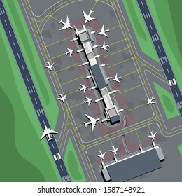 Top down view of the airport landscape, airport terminal from top view with many airplanes in the airport. Airport with runway,parking area (apron) and passenger terminal