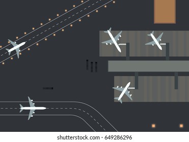 Top down view of an airport terminal and runways. Vector illustration of a airport. White planes, dynamic composition. Nice clean image.