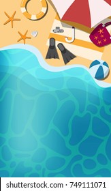 Top down view of the beautiful tropical blue sea surface with towels, umbrella, beach, ball, starfish and some little waves on the beach in summer holiday sunny day - summer vacation theme concept