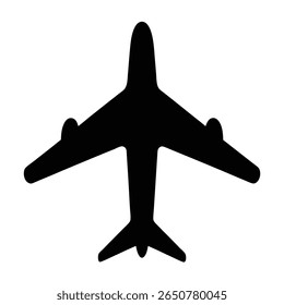 Top down view of a black airplane silhouette on white background