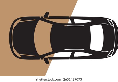 Top down view of a black car in a minimalist style on tan and white background.