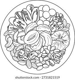 Una vista de arriba hacia abajo de un tazón circular lleno de varias nueces y frutas secas representadas en un estilo de dibujo de línea simple.