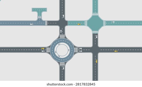 Top down view of complex city road network including street junctions, circular roundabouts, and traffic pathways with tiny cars.