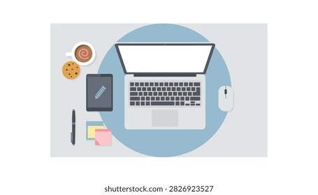 Top down view of a creative workspace featuring a laptop, tablet, notebook, coffee cup, and chocolate chip cookie.