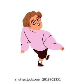 Top down view, curious person walking outdoors, looking up with interested emotion. Smiling man from above, overhead, passing by, glancing upward. Flat vector illustration isolated on white background