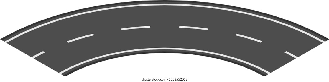 Top down view of a curved section of asphalt road with white lane dividers extending into the distance, creating a sense of journey and transportation