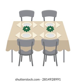 A top down view of a dining table set for four people with a beige tablecloth, white plates, napkins and decorative green floral centerpieces in a minimalist style.