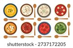 Top down view of eight different delicious soup bowls including pumpkin tomato cream and green vegetable soup with spoons.