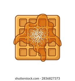 A top down view of a golden brown square waffle covered in a glossy layer of syrup and shimmering sugar crystals