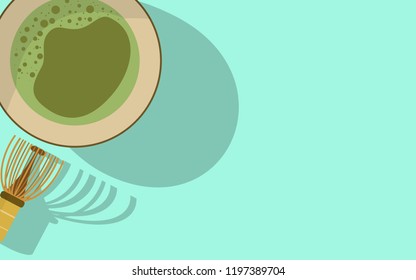 Top down view of the green tea matcha cup with tea whisk with copy space for the text on light background