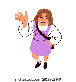 Top down view, happy girl looking up and waving hand. Smiling young woman from above, overhead, greeting hi gesture with head raised upward. Flat vector illustration isolated on white background