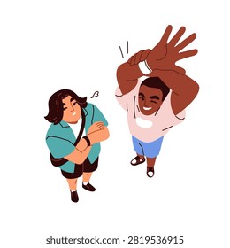 Top down view, happy smiling and bored uninterested people looking up. Young friends, viewers with different reactions, face expressions, emotion. Flat vector illustration isolated on white background