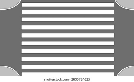 Top down view illustration of a classic white stripe zebra crossing on a grey asphalt road background.
