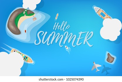 Top down view of the island with cruise ship, cargo cruise ship in the ocean airplane and small private boat in tropical island style with text it's summer time