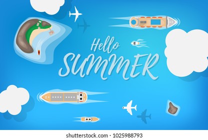 Top Down View Of The Island With Cruise Ship, Fuel Cruise Ship In The Ocean Airplane And Small Private Boat In Tropical Island Style With Text It's Summer Time