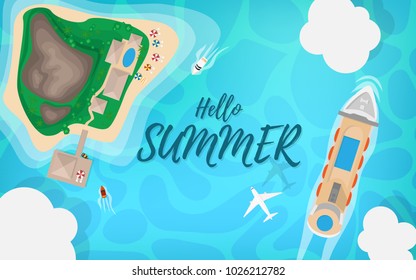 Top Down View Of The Island With Small Villa With Cruise Ship, In The Ocean Airplane And Small Private Boat In Tropical Island Style With Text It's Summer Time