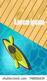Top down view of kayak boat (canoe) with paddle on the beautiful tropical blue sea surface with some little waves in summer holiday sunny day - summer vacation theme concept
