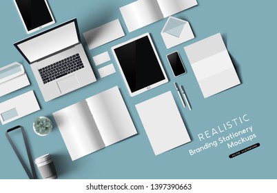 Top Down View Of Office Desk Realistic Stationery And Objects. Vector Mockup Illustration.