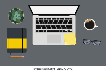 Top Down View Of Office Desk With Laptop, Succulent Plant, Coffee Cup, Notebook And Pencil And Glasses, Vector Illustration