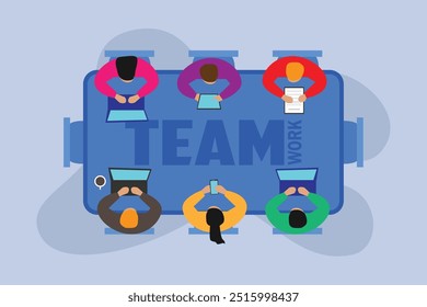 Top down view of Office teamwork workers business management meeting and brainstorming 2d flat vector illustration