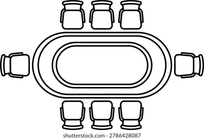 Top down view of an oval conference table with chairs conference furniture overhead illustration business